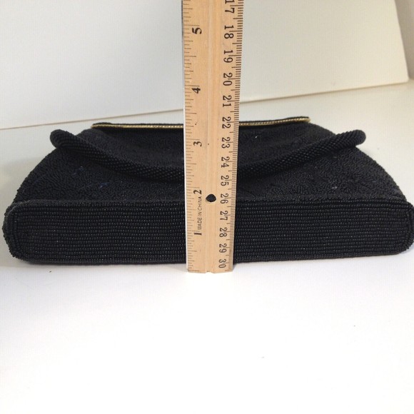 Vintage Black Beautifully Beaded Evening Handbag Gold Trim - Picture 9 of 12